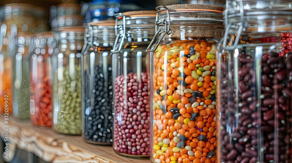 Assorted beans in glass jars, showcasing variety and color Assorted beans in glass jars, showcasing variety and color