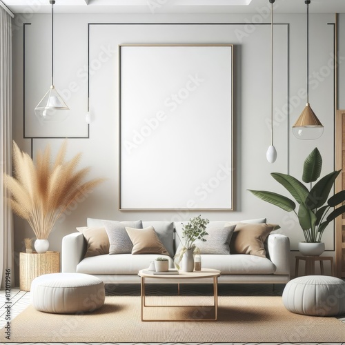 A living room with a template mockup poster empty white and with a couch and a coffee table standardscalex image has illustrative meaning.
