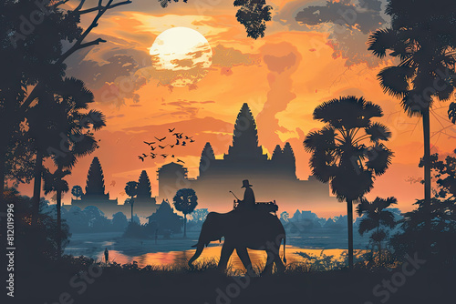 Thailand famous landmark in scenery design and tourist on elephant back