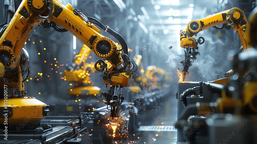 3D rendering of yellow robotic arms in a factory with sparks and light effects, background of an industrial plant for product placement or an industry concept. The robotic arms are rendered in the sty 3D rendering of yellow robotic arms in a factory with sparks and light effects, background of an industrial plant for product placement or an industry concept. The robotic arms are rendered in the sty