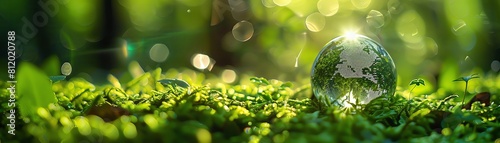 A drop of water with an earth hologram on a green mossy meadow in a forest, with a nature background for an ecology concept. Delicate light beams and bokeh. An abstract technology wallpaper. A high de