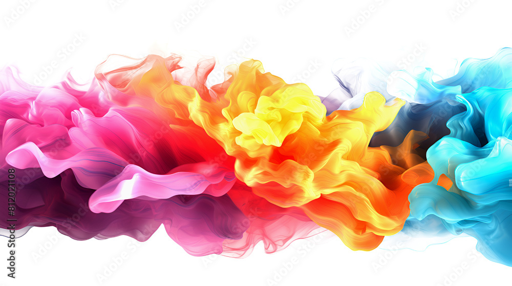 Isolated colourful inks in water. Abstract toxic rainbow coloured flowing substance on white or transparent background.