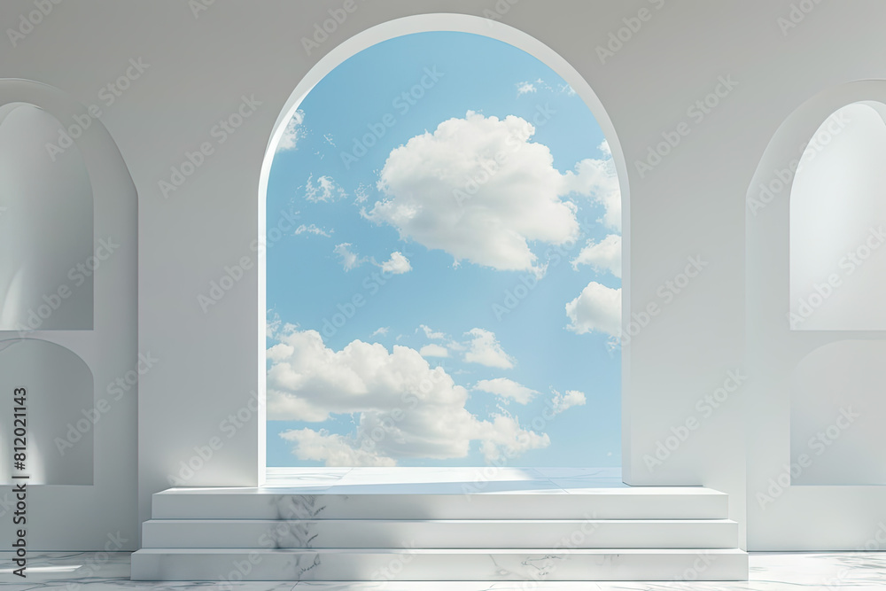 White product podium under arch window with sky