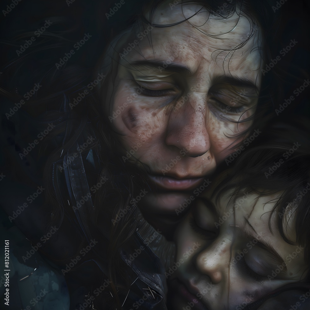 a woman and child are looking over their shoulder a woman and child are looking over their shoulder