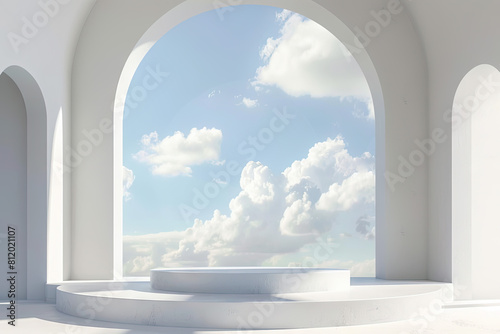 White product podium under arch window with sky