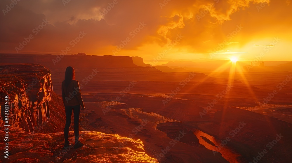 Silhouetted Figure Overlooking Dramatic Sunset Landscape