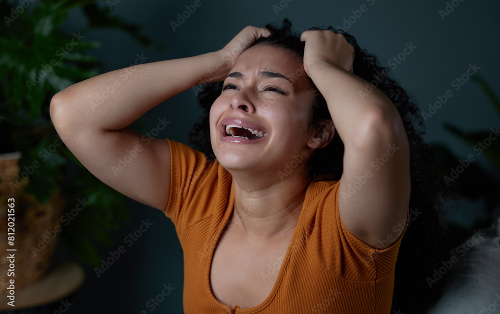 Depressed, girl and sad with scream in pain, crying and unhappy with results of fail of exam. Mental health, student and woman in studio background, anxiety and person with stress for breakup Depressed, girl and sad with scream in pain, crying and unhappy with results of fail of exam. Mental health, student and woman in studio background, anxiety and person with stress for breakup