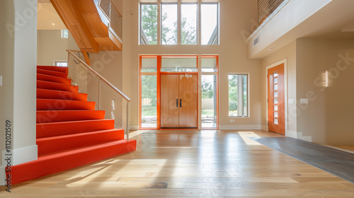 Modern home entrance featuring a bright red staircase a large wooden front door and expansive light hardwood floors leading to a high ceiling Luxurious airy atmosphere