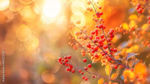 Vibrant still life with barberry branches and berries in beautiful autumn sunlight, bokeh