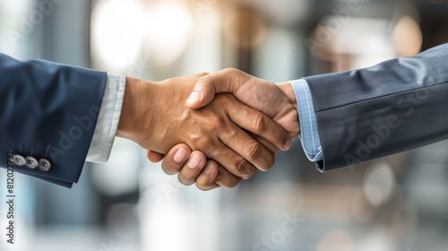 Business professionals shaking hands in an office, solidifying a deal or partnership photo