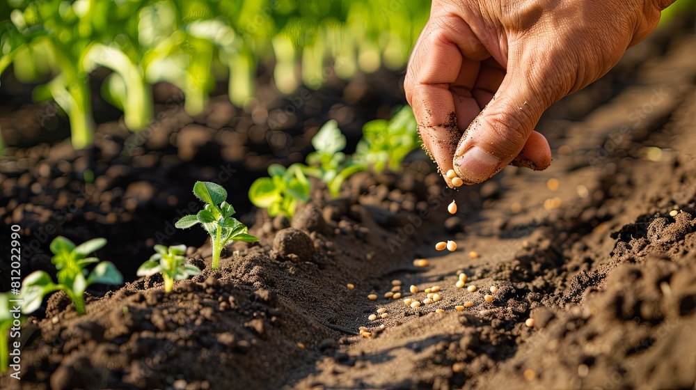 Close-up of hand pouring vegetable seeds into a planting row Close-up of hand pouring vegetable seeds into a planting row