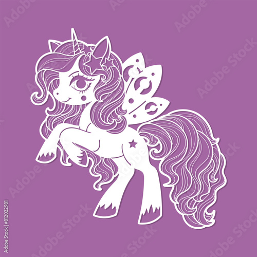 Cute unicorn. Template for laser cutting. For children's design of interior decorations, cards, stickers, stencils, scrapbooking, etc. Vector