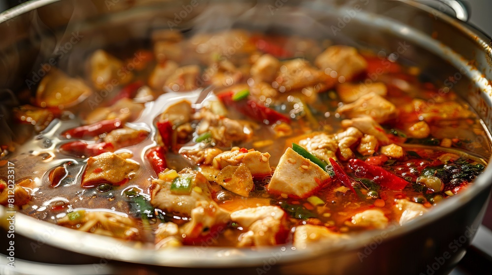 Close-up of spicy tom yum chicken simmering in a pot Close-up of spicy tom yum chicken simmering in a pot
