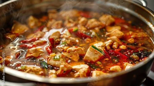 Close-up of spicy tom yum chicken simmering in a pot