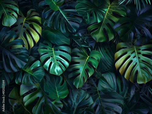 Green tropical leaves and palm tree leaves background 