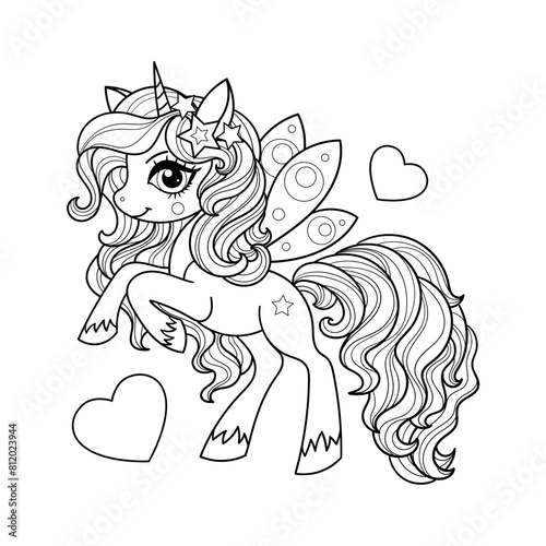 Cute cartoon unicorn with butterfly wings and hearts. Black and white linear drawing. For children's design, coloring books, prints, posters, cards, stickers, puzzles, etc. Vector