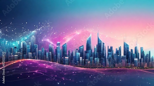 technology  Smart city and abstract dot point connect with gradient line and aesthetic Intricate wave line design  big data connection technology concept  