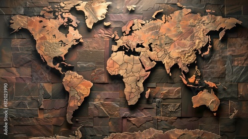 Artistic Wooden World Map on Textured Wall

