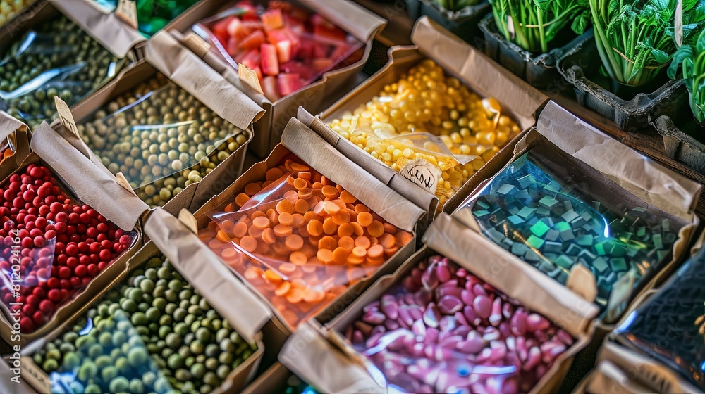 Colorful packets of vegetable seeds displayed on a wooden table Colorful packets of vegetable seeds displayed on a wooden table