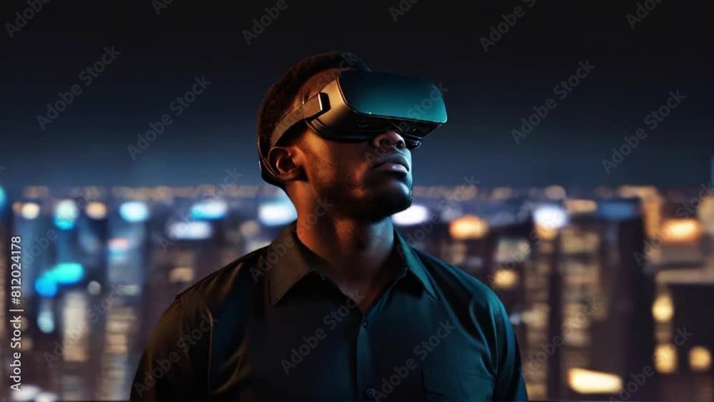 African American Man in VR. Night Cityscape Background. African American Man in VR. Night Cityscape Background.
