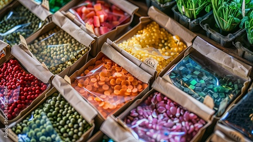 Colorful packets of vegetable seeds displayed on a wooden table © chanidapa