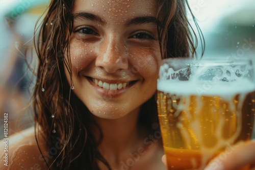 Woman holding a glass of beer, perfect for advertising