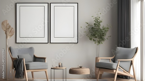 Blank Mock up frames hang on wall with armchairs