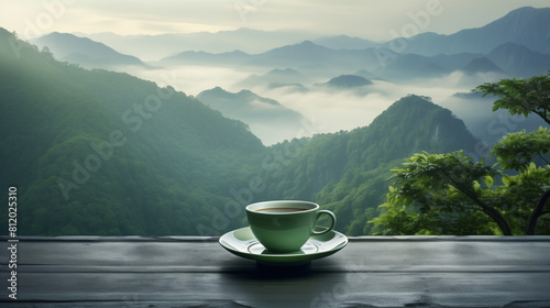 A green tea cup against the mountain background
