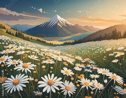 champs de fleurs de marguerite avec une montagne au fond photo
