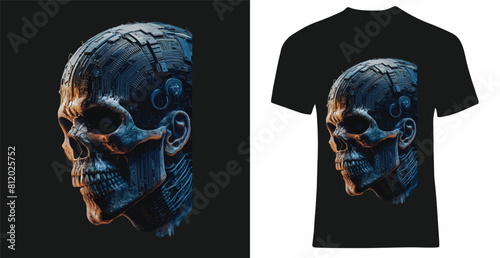 A stunning hyper-realistic poster showcases an unsettling close-up of a Cyber-Mosaic circuit board morphing into a skull.