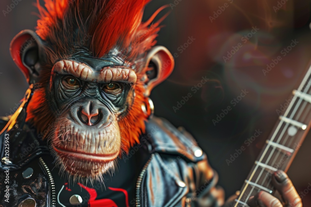 A close up of a monkey playing a guitar. Perfect for music-related designs