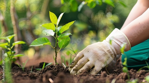 Gloved hands tending to a young tree sapling in a garden