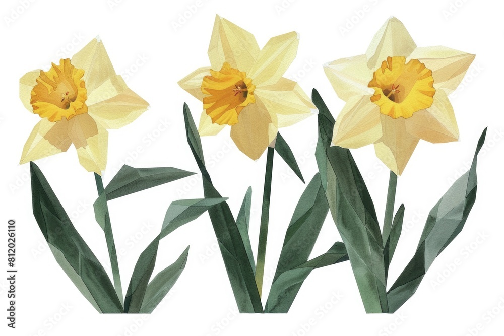 Three vibrant daffodils on a clean white backdrop. Perfect for spring-themed designs