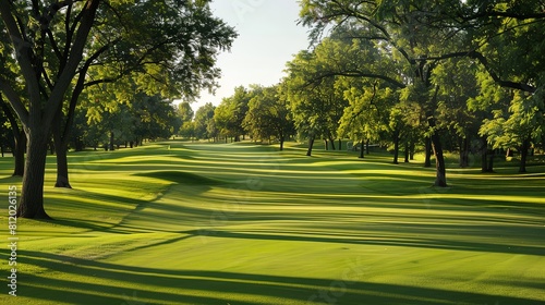 Golf course fairway flanked by manicured lawns and trees