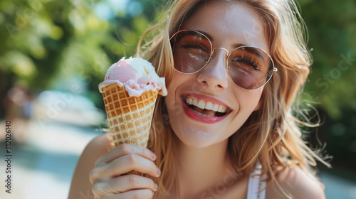 Happy woman eating ice cream waffle cone outside