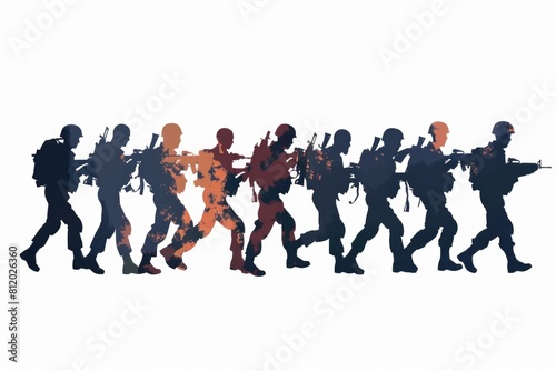 A group of people with guns walking together. Suitable for security and teamwork concepts
