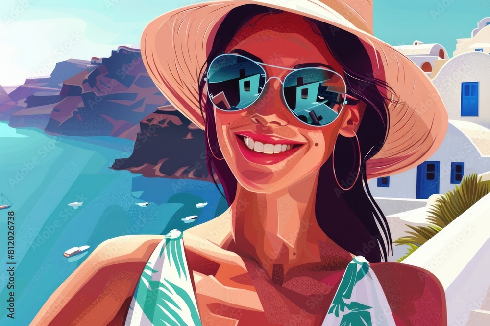 A woman wearing a hat and sunglasses relaxing on a beach. Perfect for travel and vacation concepts