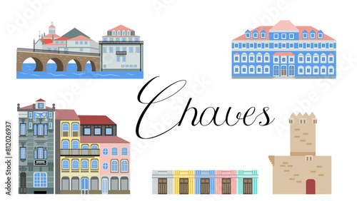 Set of symbols and sights of the Portuguese city Chaves. Flat-style illustration for souvenirs and tourist products. Northern cities of Portugal.