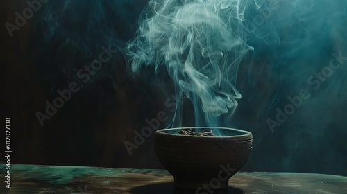 Incense smoke wafting gracefully in the air against a dark background photo