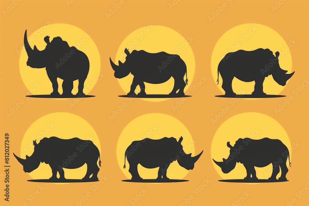 Silhouettes of four rhinos on a bright yellow background. Perfect for wildlife conservation projects Silhouettes of four rhinos on a bright yellow background. Perfect for wildlife conservation projects