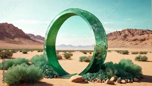 Surreal landscape, oval portal made of green quartz in the dessert.The concept of advertising goods, presentation of cosmetics, perfume, science fiction and fantasy, parallel dimensions. AI photo