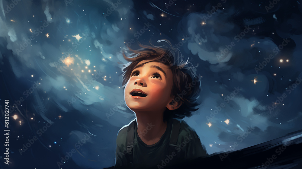 kid in the night looking stars vector illusion kid in the night looking stars vector illusion