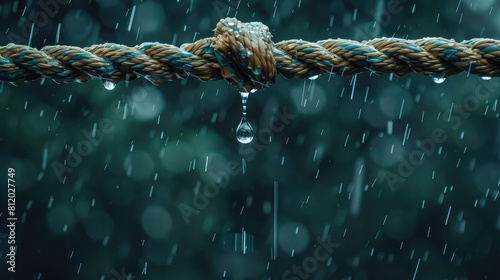 A raindrop teetering on the edge of a rope on a rainy day photo