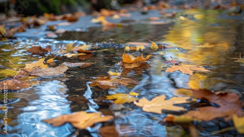 Leaves floating on the surface of a tranquil stream in autumn