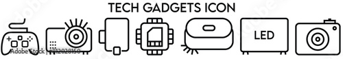 Tech Gadgets icons in line style. Phone, tablet, laptop, startup, tv, dron, robot, game controler, vr, headphones, projector, collection. Vector illustration.