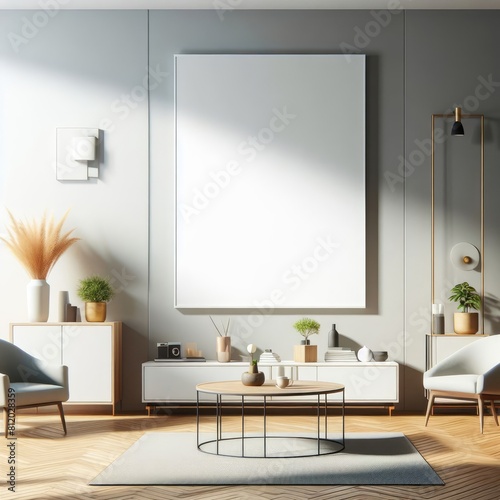 A Room with a template mockup poster empty white and with a large white frame realistic attractive has illustrative meaning has illustrative meaning.