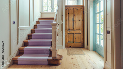 Vintage style foyer with a lavender staircase a sturdy wooden door and a pale hardwood floor