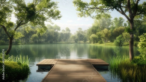 Tranquil Waterside Haven A Long Wooden Dock Embraced by Lush Trees Alongside a Serene Lake