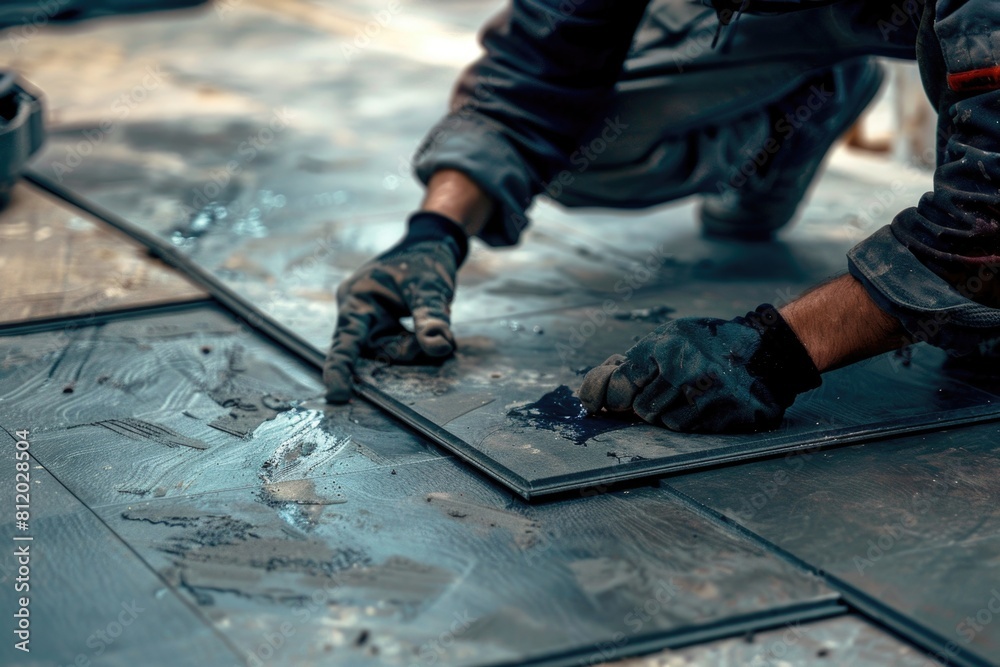 A man working on a tile floor, suitable for construction industry projects A man working on a tile floor, suitable for construction industry projects