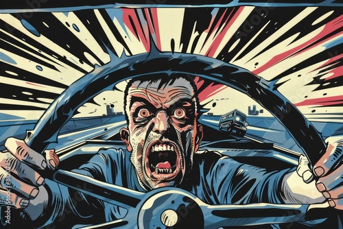 Man driving a car with his mouth open. Suitable for transportation themes